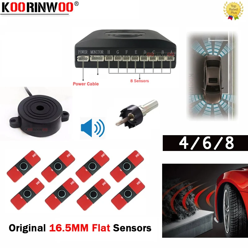 Koorinwoo Parktronic 4/6/8 vorne mit hinteren Radar 16,5 mm flache Parksensoren Stufenlautsprecher-Summer 12 V Rückfahrparkhilfe Image