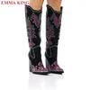 Cowboy Schwarz Cowgirl Stiefel Für Frauen 2022 Mode Strass Spitz Chunky Ferse Kniehohe Western Stiefel Casual Schuhe Frau