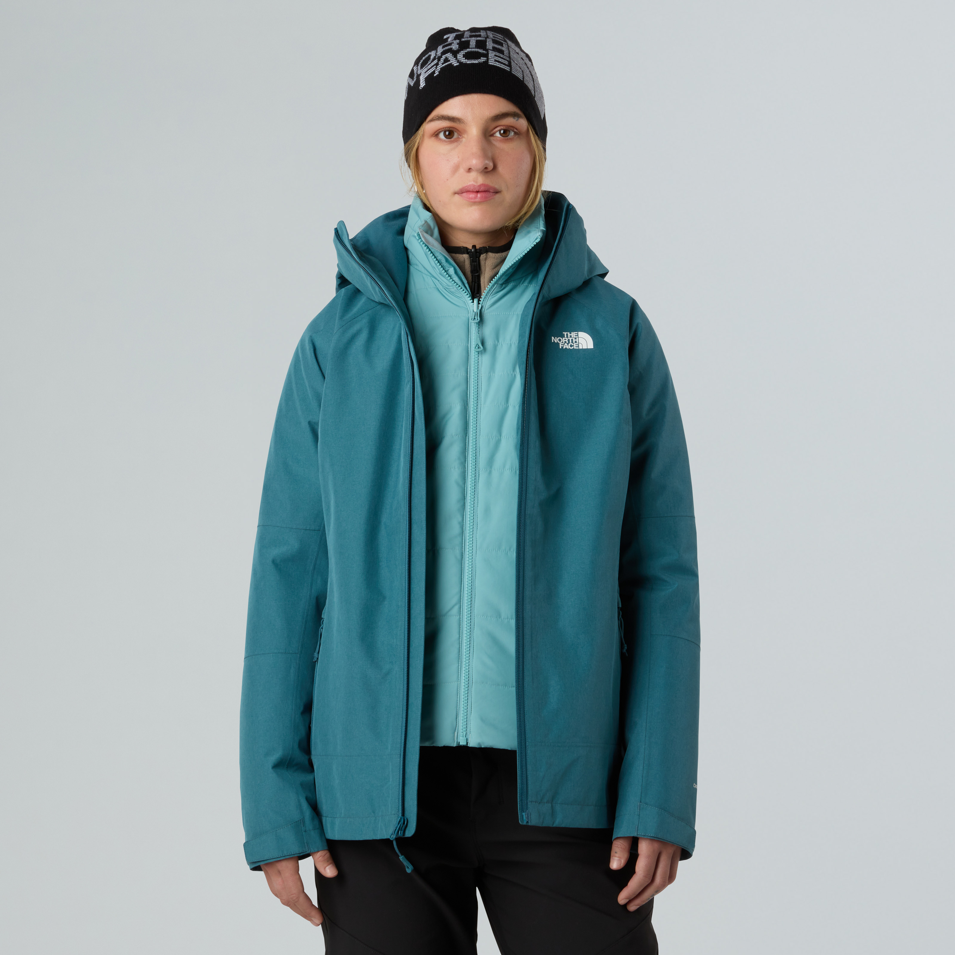 3-in-1-Funktionsjacke THE NORTH FACE "W INLUX TRICLIMATE - EU", Damen, Gr. XS, blau (space schwarz heather, blau eclipse), Obermaterial: 100% Polyester, Jacken, für verschiedene Wetterbedingungen, mit DryVent™-Außenjacke