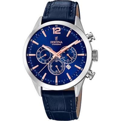 Chronograph FESTINA "Timeless Chronograph", blau (dunkelblau, blau, roségoldfarben), Armbanduhren, Herren, Quarzuhr, Armbanduhr, Herrenuhr, Edelstahlarmband,Datum, Stoppfunktion Image