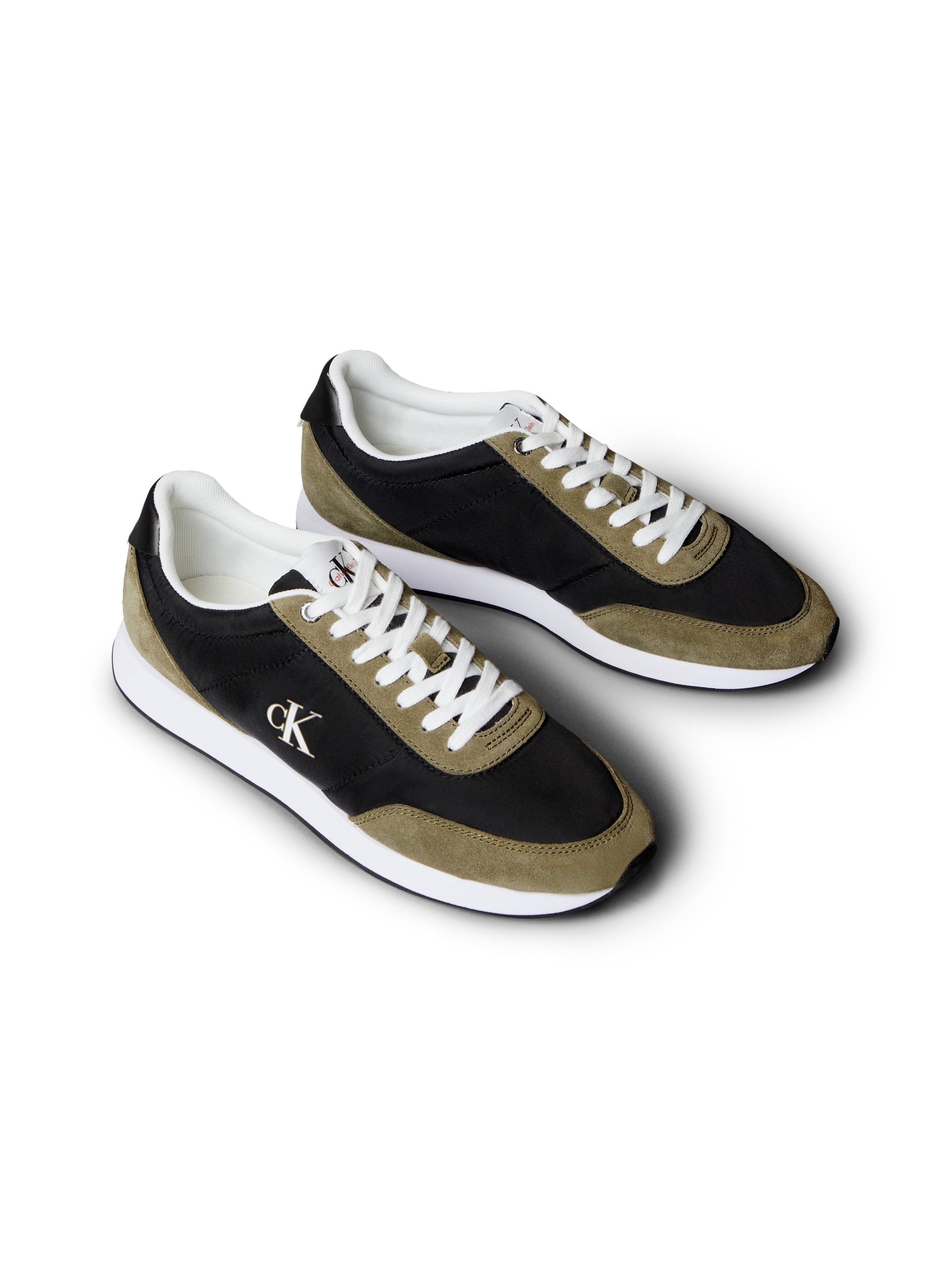 Sneaker CALVIN KLEIN JEANS "RETRO RUNNER ESS MIX MAT", Herren, Gr. 43, schwarz, khaki, Leder, Textil, Schuhe Sneaker, Runner-Sneaker, Freizeitschuh, Halbschuh mit seitlichem CK-Logo