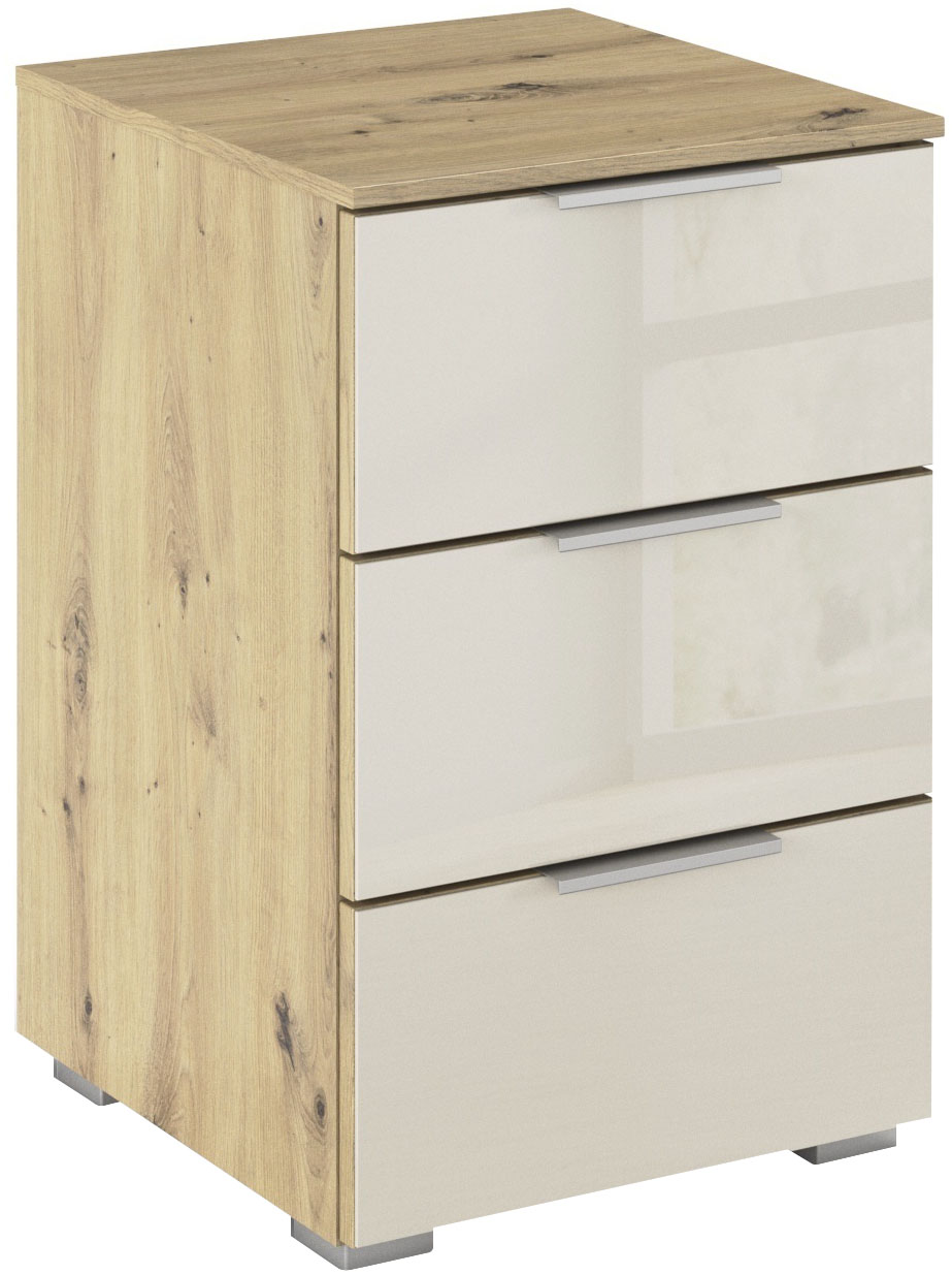 Nachtkommode RAUCH "Nachttisch Nachtschrank Nachtkonsole AGORDO mit Glasfront", beige (eiche artisan, glas beige (champagner)), B:40cm H:61cm T:42cm, Holzwerkstoff, Sideboards, mit 3 geräumigen Schubladen für viel Stauraum MADE IN GERMANY