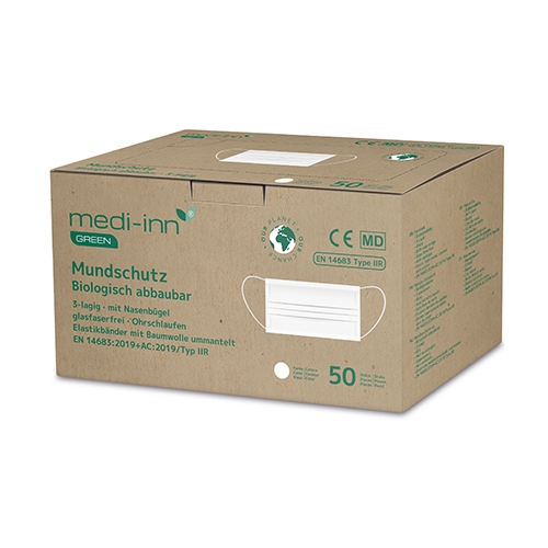 Medi-Inn GREEN 50 Mundschutz Type IIR 3-lagig 9,5 cm x 17,5 cm weiss 3-lagig, biologisch abbaubar (92751, 50 Stück) Image