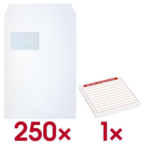 OTTO Office 250 Versandtaschen C4 mit Fenster inkl. Haftnotizblock »Nicht vergessen!« 100 x weiß, 32.4x22.9 cm