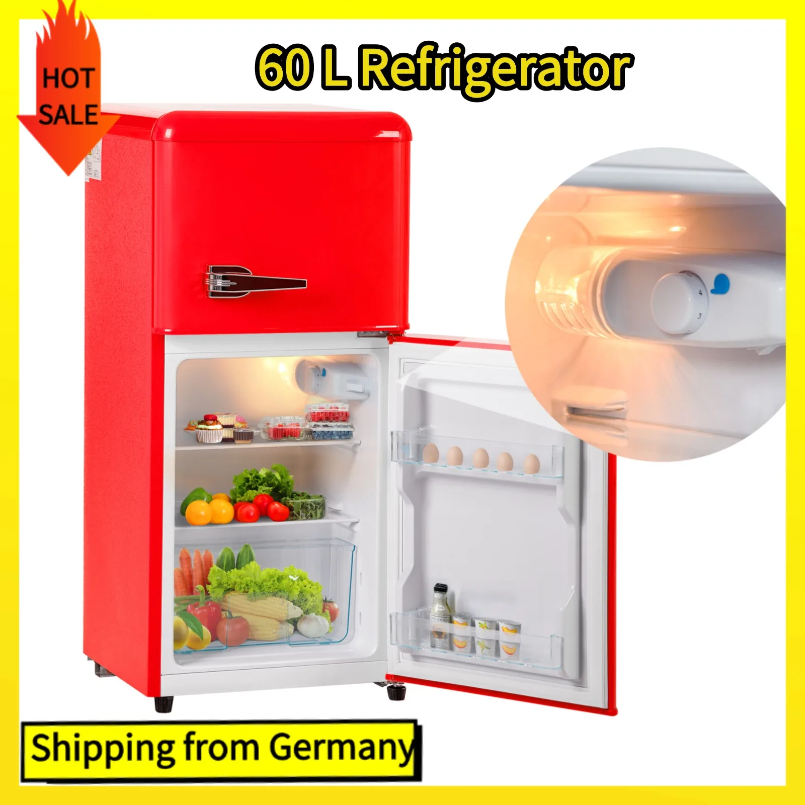 Comanlai 60L roter Kühlschrank, Kühlschrank-Gefrierschrank-Kombination, 22 L Gefrierschrank-Kapazität, mit zwei Türen und LED-Leuchten, [Energieklasse E] Image