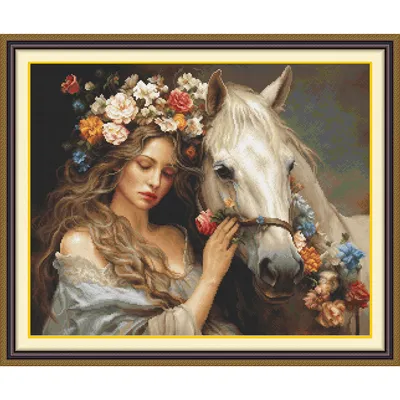 Joy Sunday Pre-printed Cross Stitch Kit Easy Pattern Aida Stamped Fabric Embroidery Set-Woman with Flowers and Horse