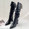 Kniehohe Frauen Stiefel Spitz High Heels Sexy Schuhe Winter Luxus Chunky Leder Schuhe Chelsea Stiefel Elegante Pumps De Mujer