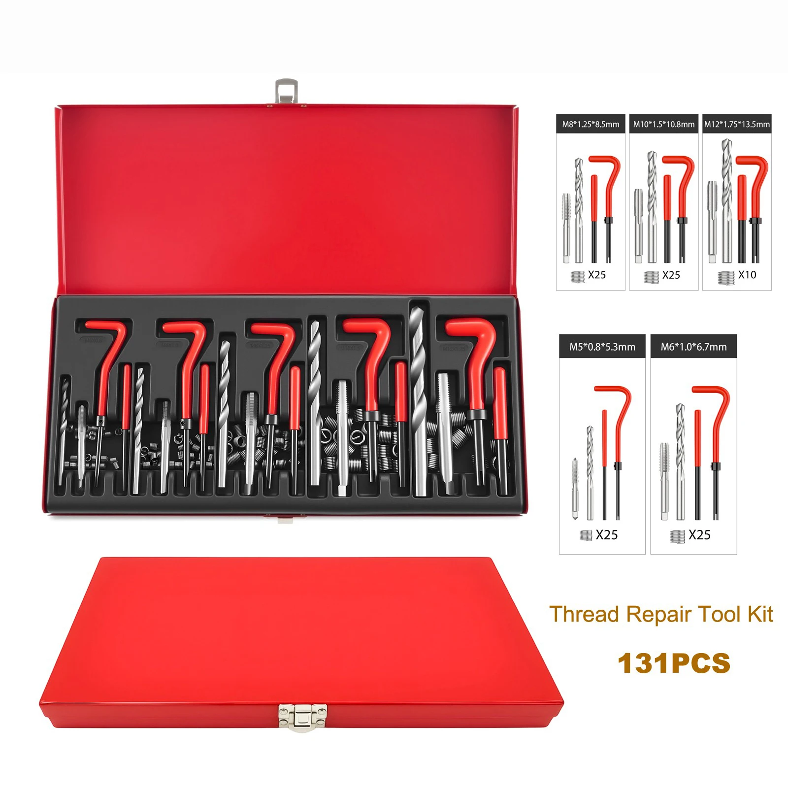 Gewinde-Reparatur-Set, 131 Stück, mit Helicoil-Set, Einsätze, Ärmeln, Gewindeeinsätzen, Gewindebohrer und Bohrer für M5, M6, M8, M10, M12 Image