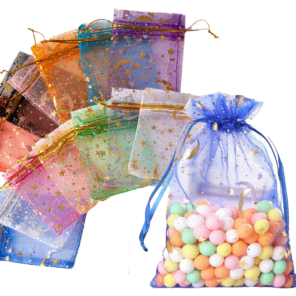 50 teile/los 7x9 cm Mond Sterne Organza Kordelzug Taschen Beutel Für Hochzeit Party Favor Geschenk Tasche Schmuck uhr Verpackung Lagerung Versorgung Image