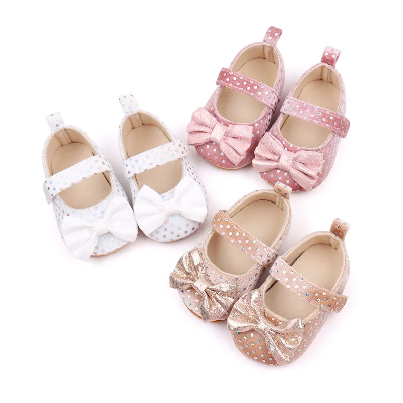 Babyschuhe mit runden leuchtenden Stücken, Schleife, Prinzessinnenschuhe, weiche Sohle, rutschfeste Lernschuhe, 0–1 Jahre alte Babyschuhe