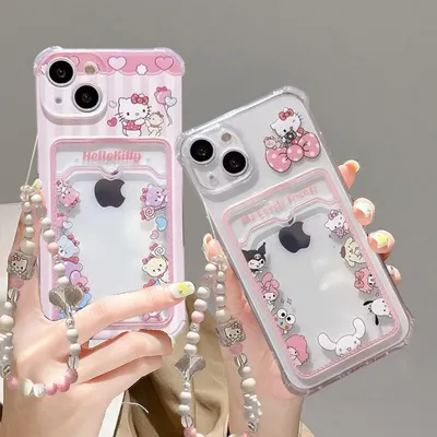 Kawaii Hello Kitty Phone Case For IPhone 11 12 13 14 15 Pro Max Plus X XR XS MAX 8 7 6 6S Plus Clear Photo Card Holder Cover