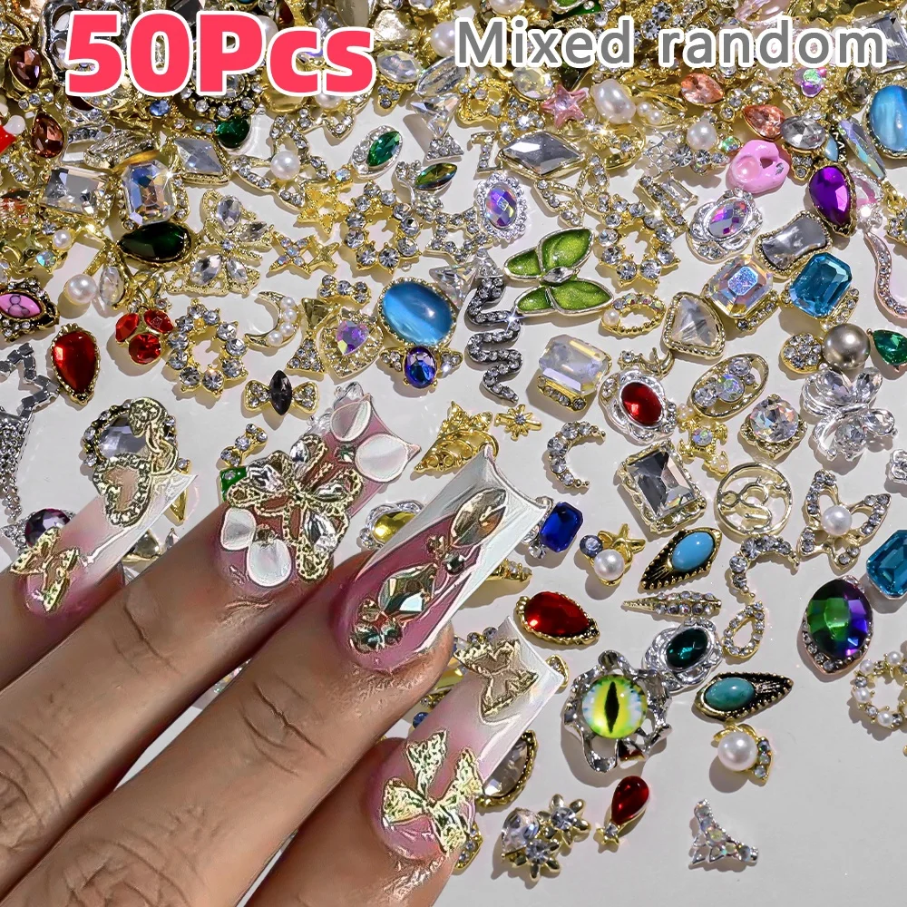 50 Stück 3D Mix Nail Art Strasssteine glänzendes Herz/Quadrat/Oval Kristall Diamant Legierung Nieten Dekorationen DIY Schmuck Maniküre Zubehör Image