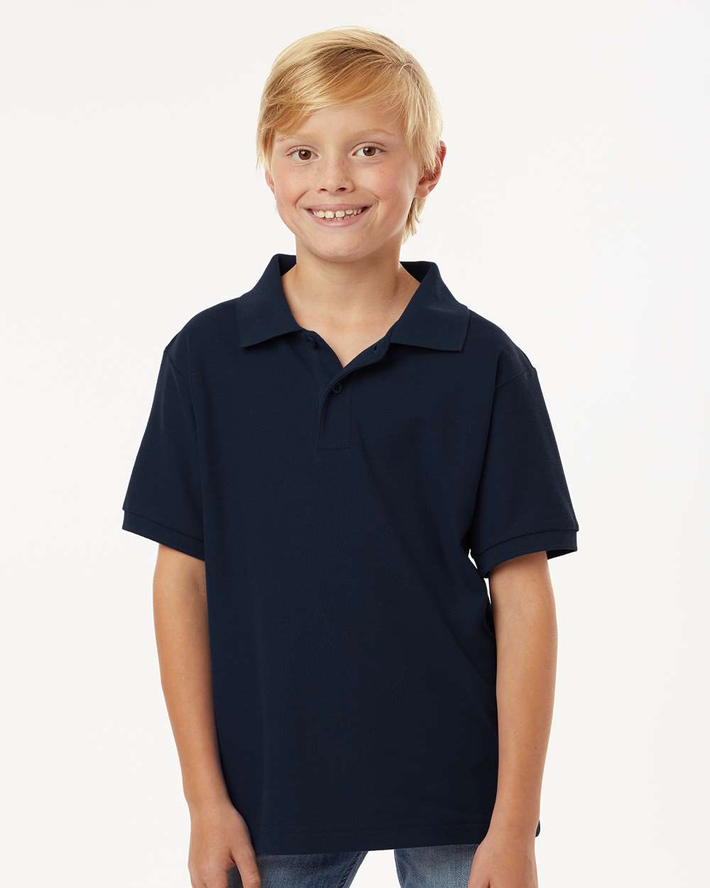 AllPro 62800Y Youth Pique Polo Shirt in Navy Blue size Large | 65% polyester/35% cotton