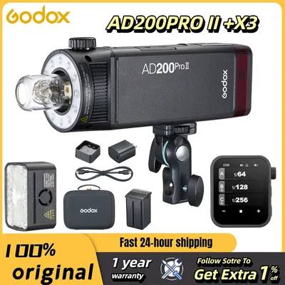 Godox AD200 Pro II 200Ws Pocket Strobe: Bi-Color LED, 1/80000s Sony Sync, 500 Flashes w/ Bowens Mount for Canon Nikon Sony Fuji