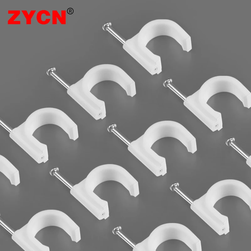 100 Stück Kunststoff-Kabelklemmen, runde Befestigung, Stahlnägel für RG6, CAT6, Drahtklemme, 4/6/10/12 mm, Wand- und Telefonleitung Image