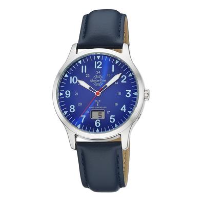 Funkuhr MASTER TIME "Aviation", blau, blau, Armbanduhren, Herren, Quarzuhr, Armbanduhr, Herrenuhr, Lederarmband, analog, digital Image