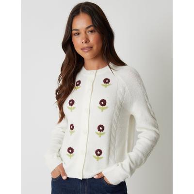 Ecru Knitted Floral Embroidery Cardigan