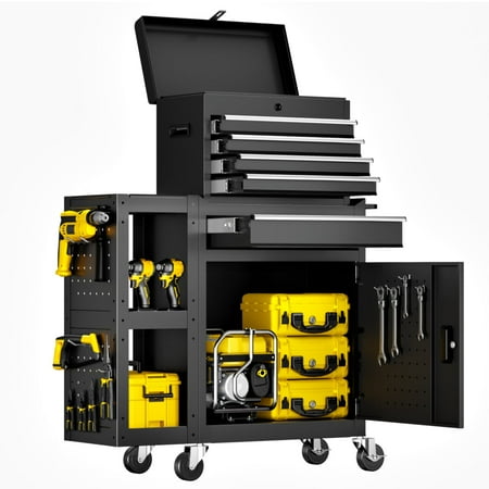 Gewna 5 Drawers Rolling Garage Tool Chest with Locking System Metal Storage Cart with Side Cabinet Protective Liner & Tool Rack for Garage Workshop
