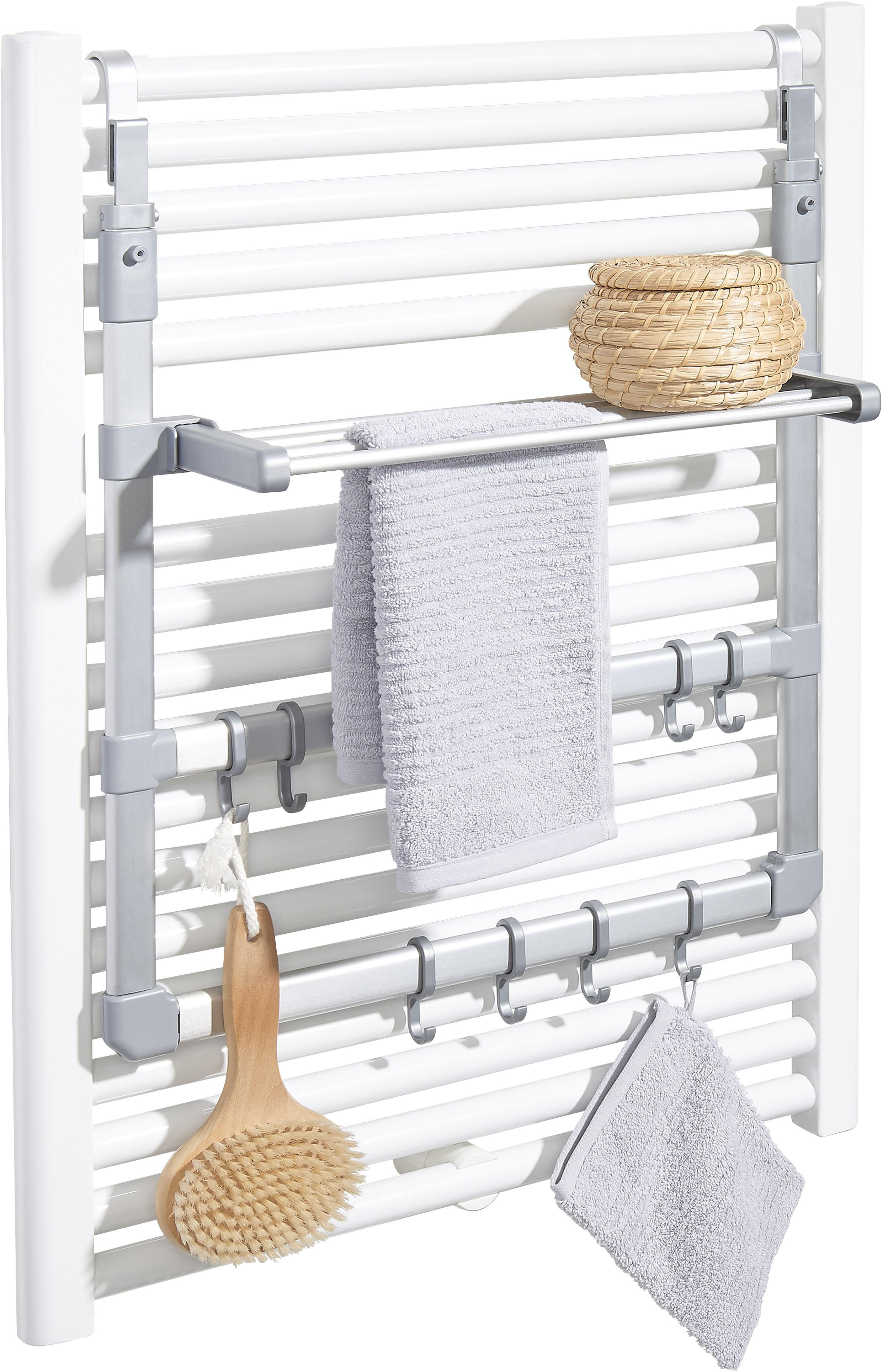 Heizkörper-Wäschetrockner RUCO "für Rundheizköper", silbergrau, B:50cm T:20cm, Aluminium, Kunststoff, Wäscheständer, Heizkörper-Regal, Rostfrei, Made in Germany