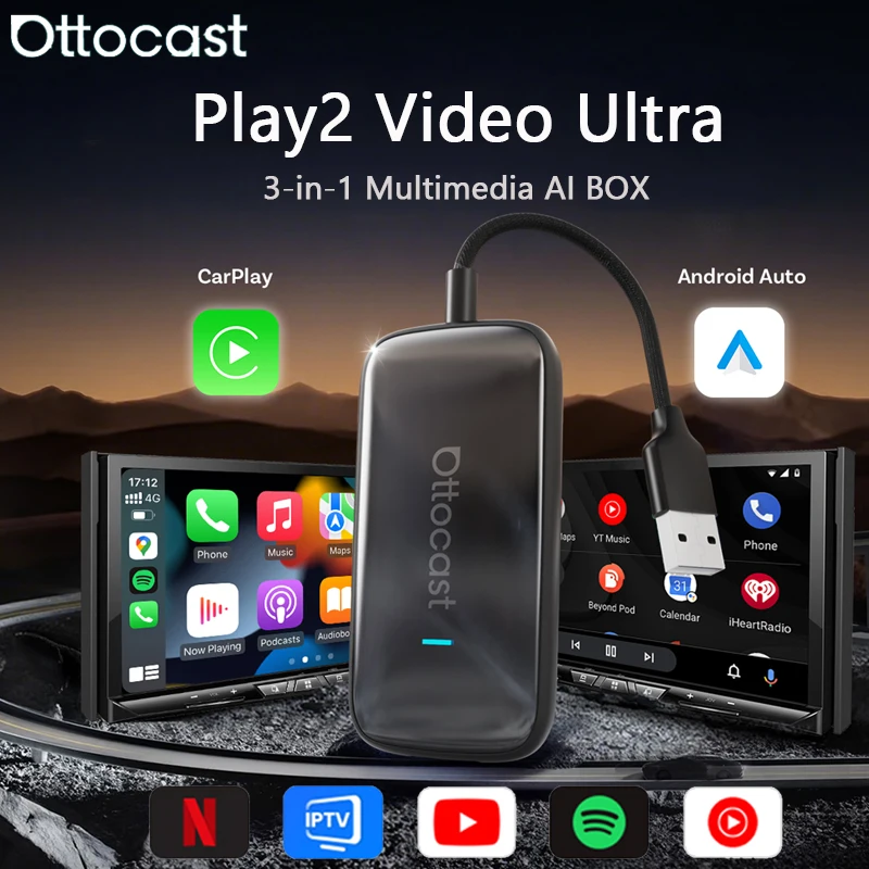 OTTOCAST Play2Video Ultra Carplay Ai Box, kabelloser Android Auto Adapter, integriert in YouTube und Netflix, für VW Benz Ford, 99 % der Autos Image