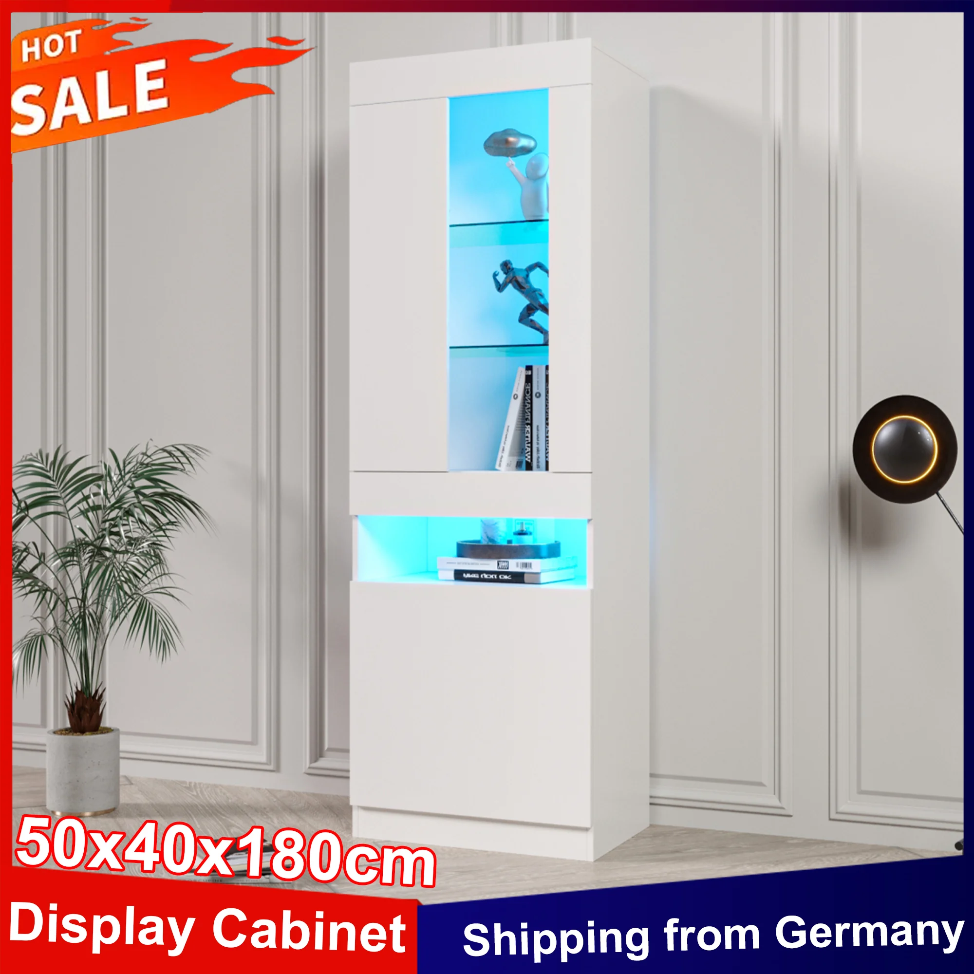Anajqaqia Vitrine 50 x 40 x 180 cm, Hochglanzvitrine mit 16 Farben LED-Beleuchtung, Aufbewahrungsschrank, Buffetschrank, Weiß