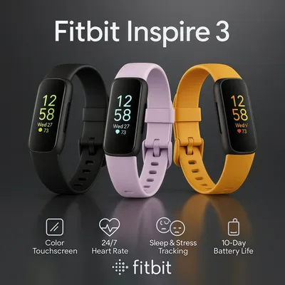 Fitbit Inspire 3, intelligenter Fitness-Tracker, Farb-Touchscreen, Herzfrequenzmesser, Schlaf-Druck-Tracking, Sport-Armband