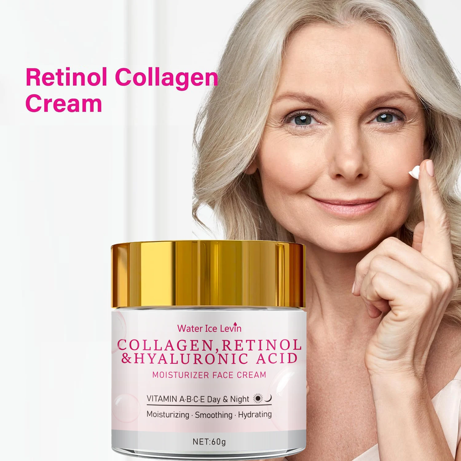 Retinol-Kollagencreme mit Hyaluronsäure und Vitaminen A, B, C, E. Tag- und Nachtfeuchtigkeitscreme für glatte, hydratisierte und verjüngte Haut. Image