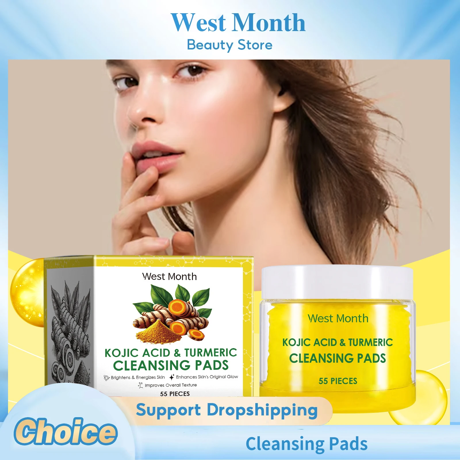 Kurkuma-Kojisäure-Reinigungspads, verkleinert die Poren, aufhellend, aufhellend, macht die Haut weich, glättend, erfrischende Gesichts-Peeling-Pads Image