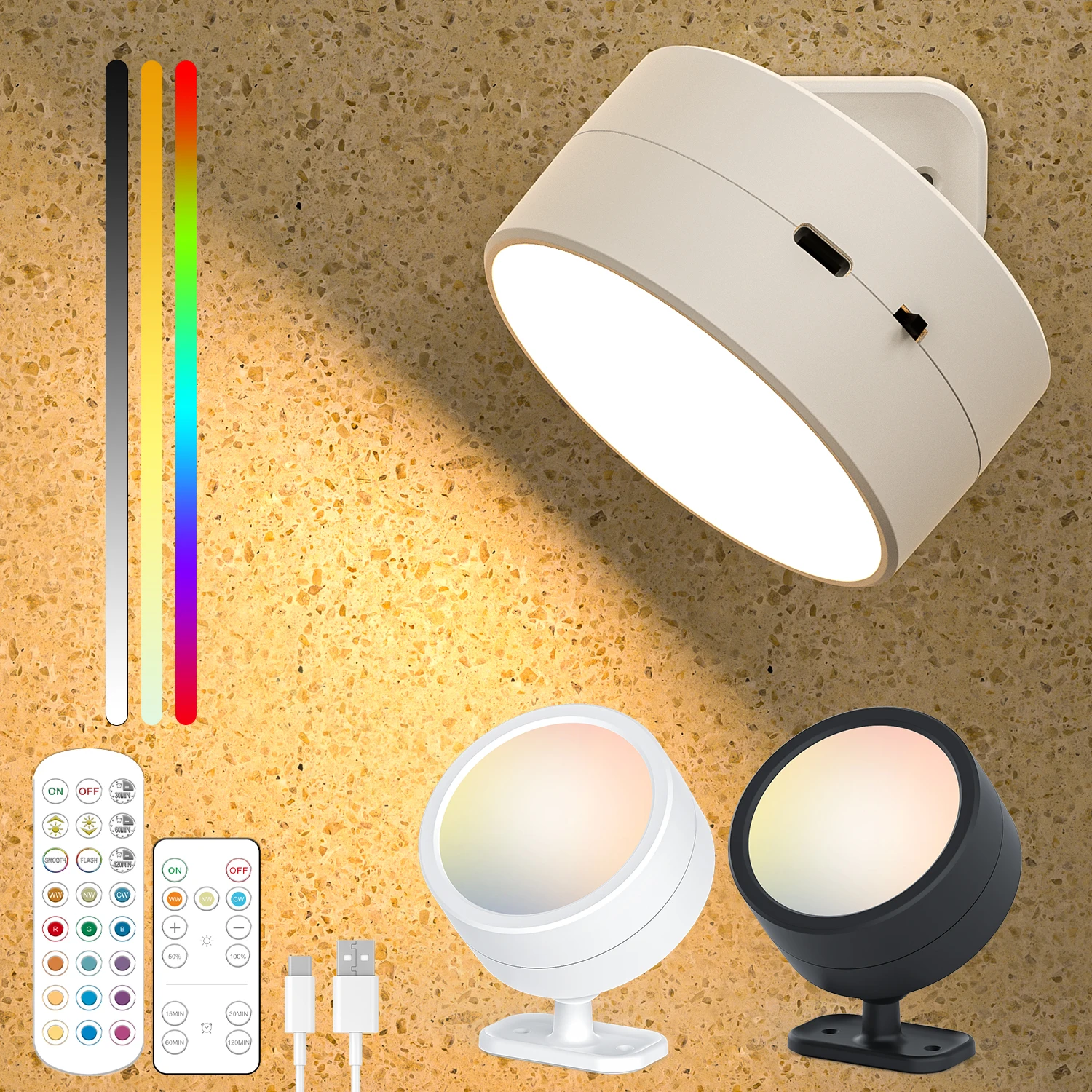 Magnetische LED-Wandleuchten, kabellose wiederaufladbare Wandleuchte 360° ° Rotations-Umgebungslicht mit Fernbedienung, Strahler, Wandleuchte, Raumdekoration