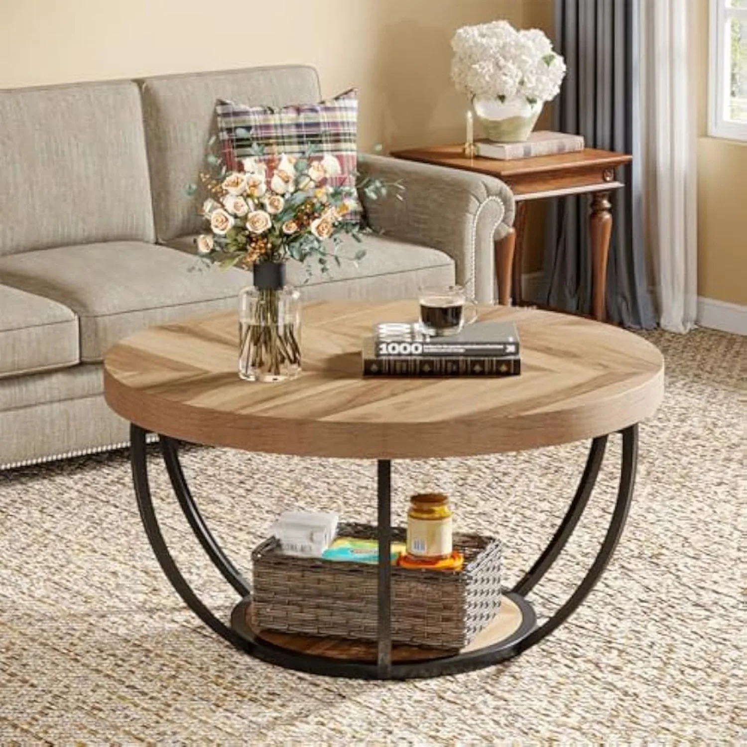 Runder Couchtisch, 32" runder Couchtisch für Wohnzimmer, moderner 2-stöckiger Mitteltisch mit Akzent aus Holz und offenen Ablagen