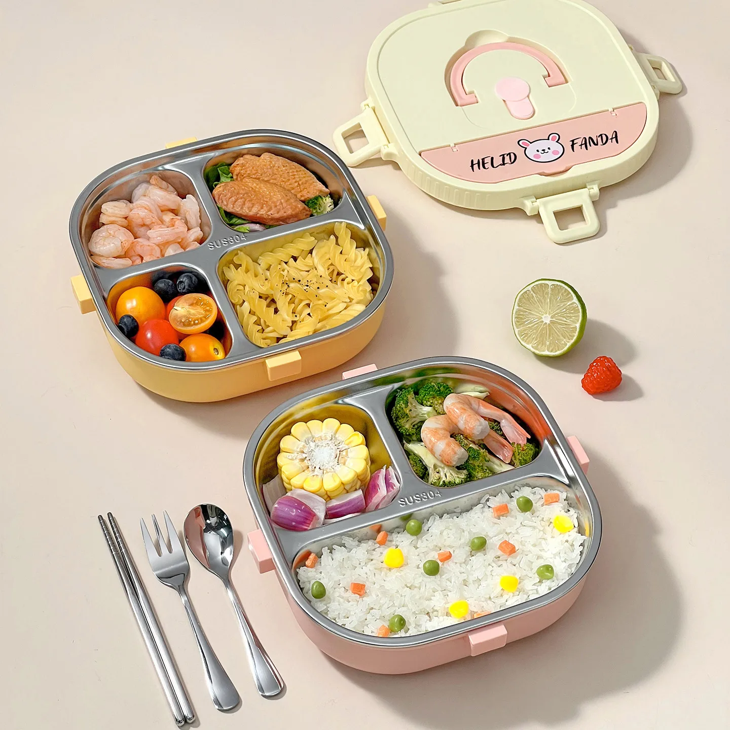 WORTHBUY Tragbare Bento-Lunchbox mit 3/4-Fächern für Kinder und Studenten, versiegelter, mikrowellengeeigneter Lebensmittelbehälter aus Edelstahl 304 Image