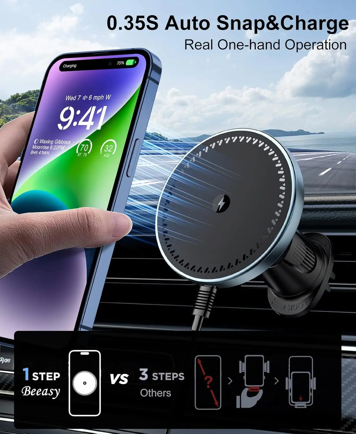 UYUXIO Magnetische Autohalterung, Telefonhalterung, 15 W, Schnellladung, Entlüftung, starker Magnet, kabelloses Autoladegerät für iPhone 16, 15, 14, 12, 13 Image