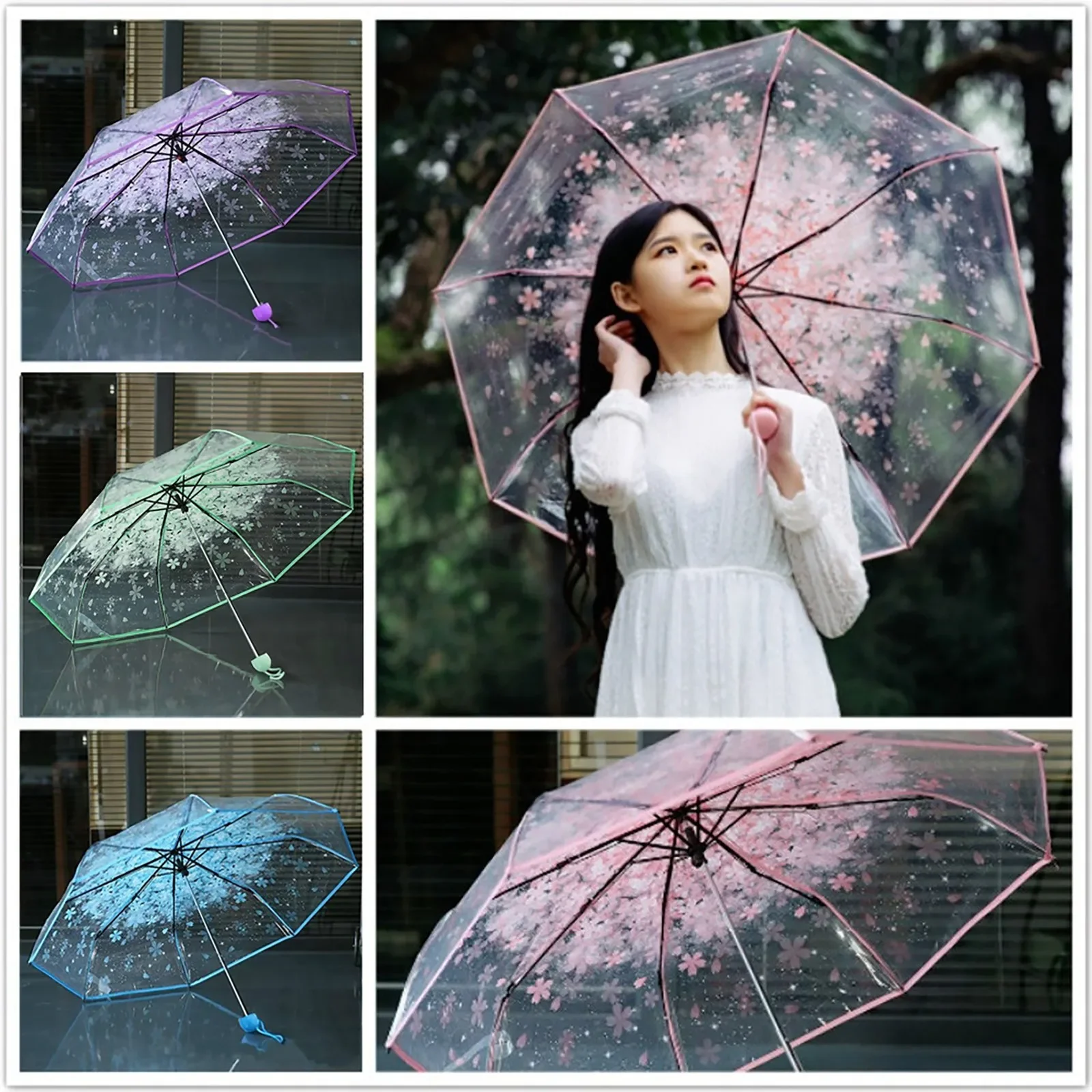 Transparenter Regenschirm für Damen, faltbar, Gänseblümchen-Design, winddicht, regendicht, tragbar, niedlicher Blumen-PVC-Regenschirm für Mädchen Image