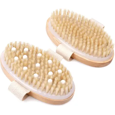 Dry Brushing Body Brush, Natural Bristle Exfoliating Brush with Massage Nodes, for Lymphatic Drainage and Improving Skin Health