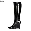 Sukeia Handarbeit Frauen Winter Knie Stiefel Patent Leder Keile Heels Spitz Elegante Schwarz Club Schuhe Damen UNS Größe 5-15