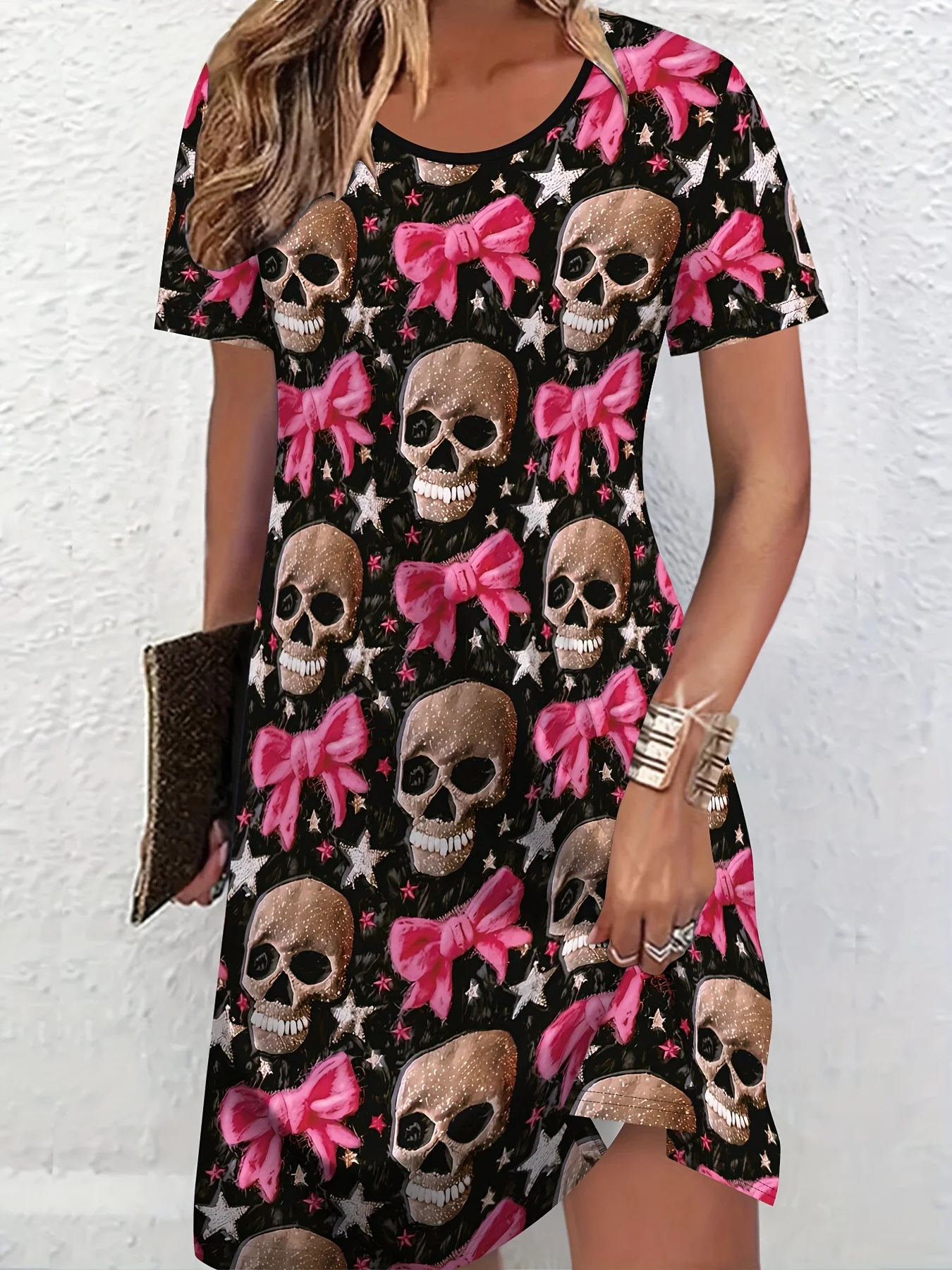 Damen Halloween Partykleid Gothic Totenkopf Schwarz Rosa Kostüm Outfit Tag der Toten Alltag Gothic Y2k Kleidung Damenbekleidung