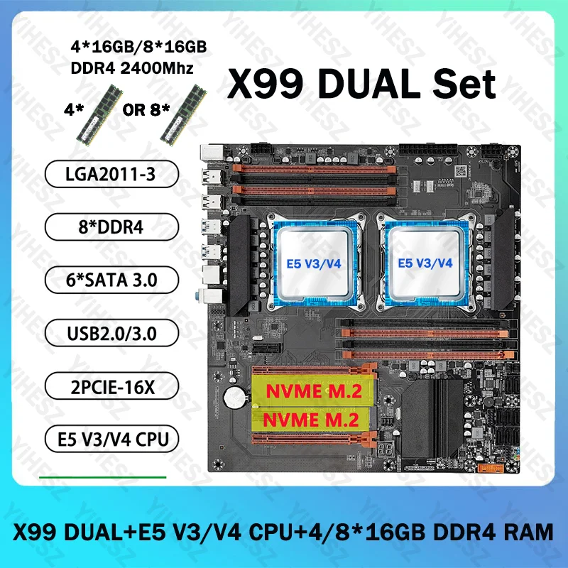 X99 Dual CPU Gaming Motherboard Set mit E5 V3/V4 CPU und 4*16GB ODER 8*16GB DDR4 Ram 2400mhz Unterstützung USB3.0 SATA3.0 Dual M.2 NVME Image