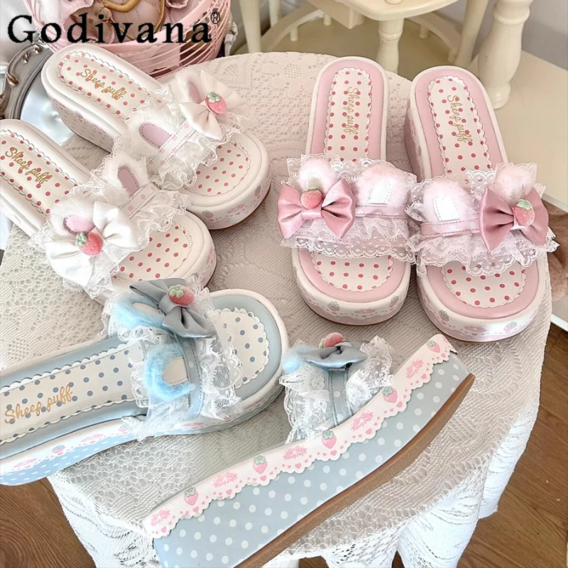 Süße Sandalen im Lolita-Stil, Sommer, neu, 2025, Lo Kawaii-Sandalen für Mädchen, süßer Schleife-Druck, elegante Plateauschuhe, Y2k-Pumps für Damen Image