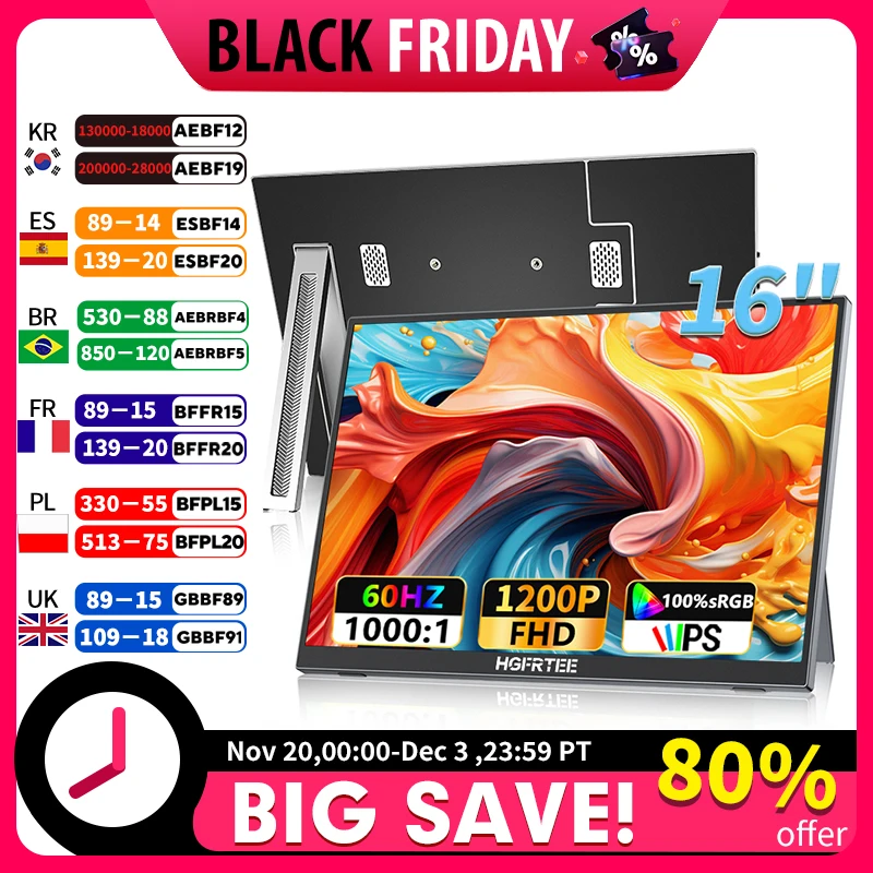 HGFRTEE 16" tragbarer Monitor 100 % SRGB 1200P FHP IPS für Laptop Mac Surface PC PS4/PS5 Xbox Integrierte Lautsprecher VESA-montierbar Image