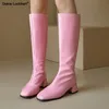 Kniehohe Stiefel für Damen, Herbst-Winter-Schuhe, 2025, rosa, weiß, mit niedrigem Absatz, langer Stiefel, Damen-Party-Schuhe, Schuhe, Größe 45, wasserdicht