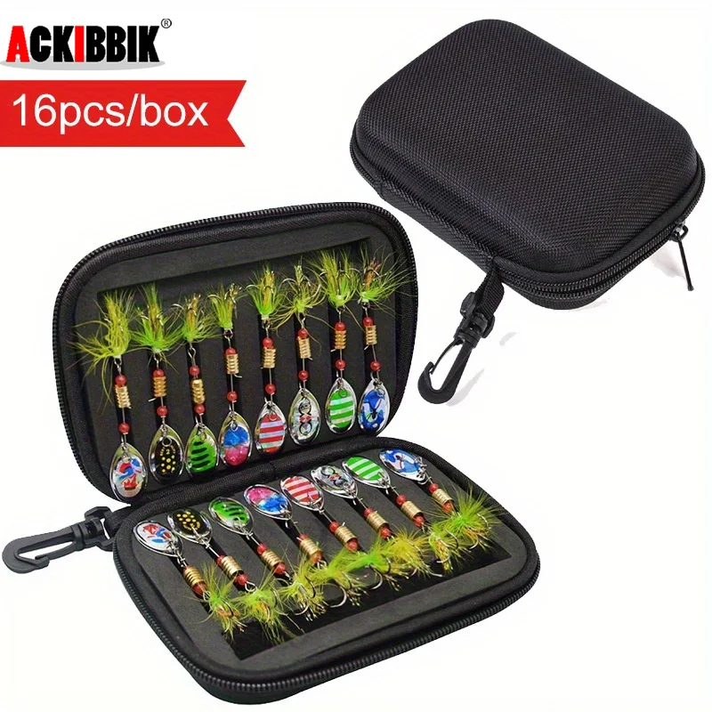 Ackibbik 16 Stück/Box Hartmetallköder Angelspinner Harte Köder Angellöffel Köder Set mit gefiederten Angelhakenködern Image