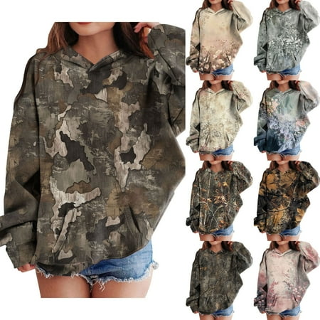 Mepaouo Kids Camo Hoodie Maple Leaf Oversized Hooded Sweatshirt Girls Casual Pullover with Pocket Beige 3-4 Years