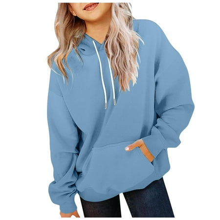 Mepaouo Girls Oversized Hoodie Shirts Long Sleeve Hooded Pullover Tops Loose Kids Preppy Clothes Blue 6-7Year