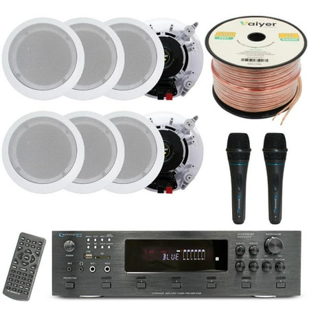 Home Stereo System Kit - 6 Channel 6000 W Bluetooth Amplifier w/ 8 QTY of 5.25 in-Wall in-Ceiling Speakers 175W Each 2 QTY of Wired Mic 500 ft Speaker Wire & Remote by Technical Pro