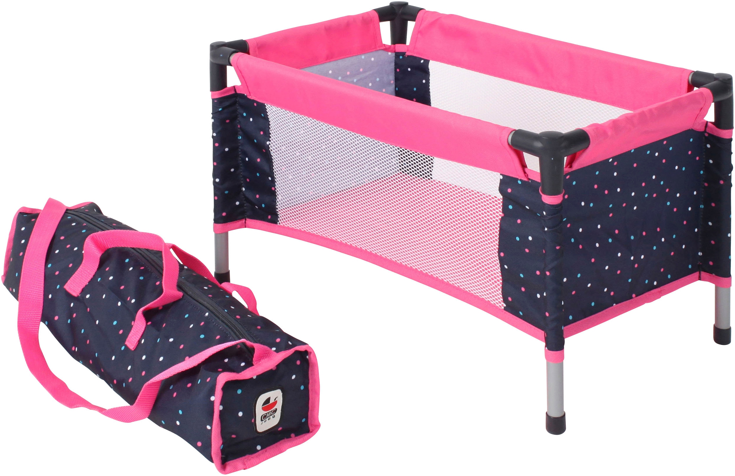 Puppenbett CHIC2000 "Puppen-Reisebett", blau (konfetti pink), Puppenmöbel, JungenB:31cm H:32cm T:54cm, Stahl, Stoff, mit Stoff-Tragetasche, B:31cm H:32cm T:54cm
