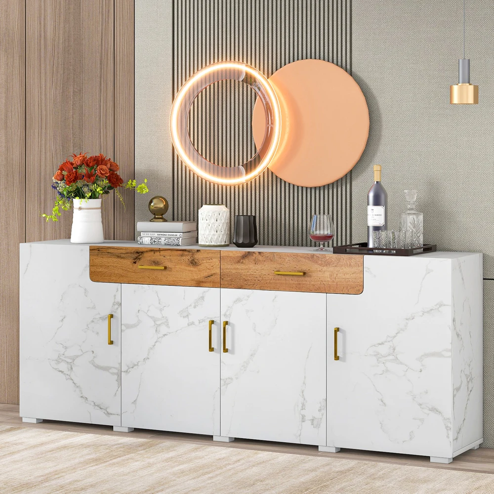 Buffet 208x39.5x80 cm meuble de cuisine meuble de rangement commode à 4 portes 2 tiroirs particle board placage de marbre blanc