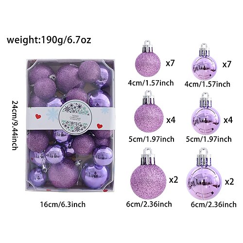 26 palline per albero di Natale, ornamenti infrangibili, decorazioni sospese per albero di Natale, dimensioni assortite, decorazioni colorate per feste natalizie, 4 cm, 5 cm, 6 cm