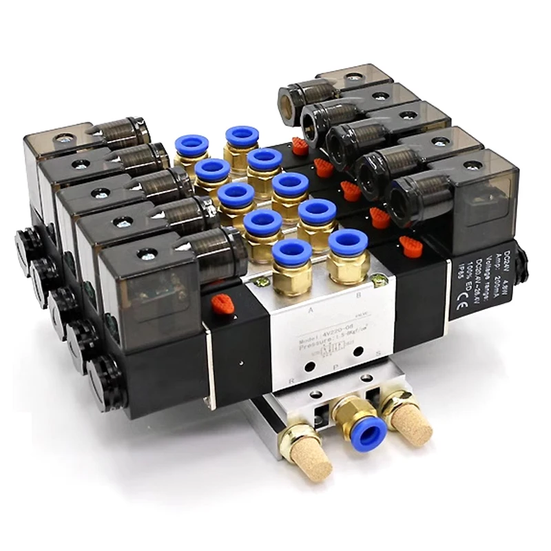 4V220-08 Platte mit Fittingverteiler 12V DC 24V AC 110V 220V 5/2 24VDC 2 - 5 Reihen pneumatischer 5-Wege-Doppelmagnetventilblock Image