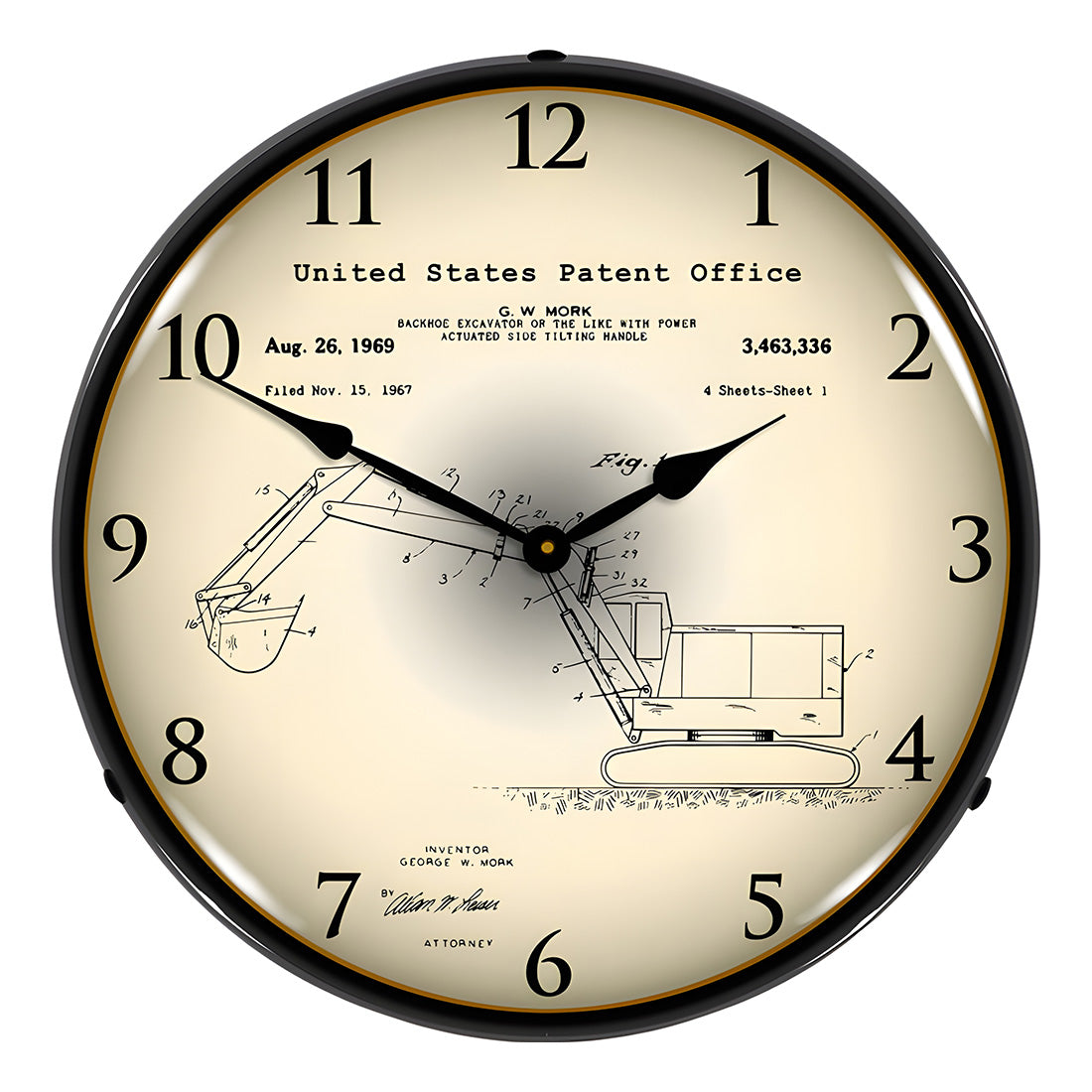 Collectable Sign and Clock 1969 Backhoe Excavator Patent Blueprint Backlit Wall Clock