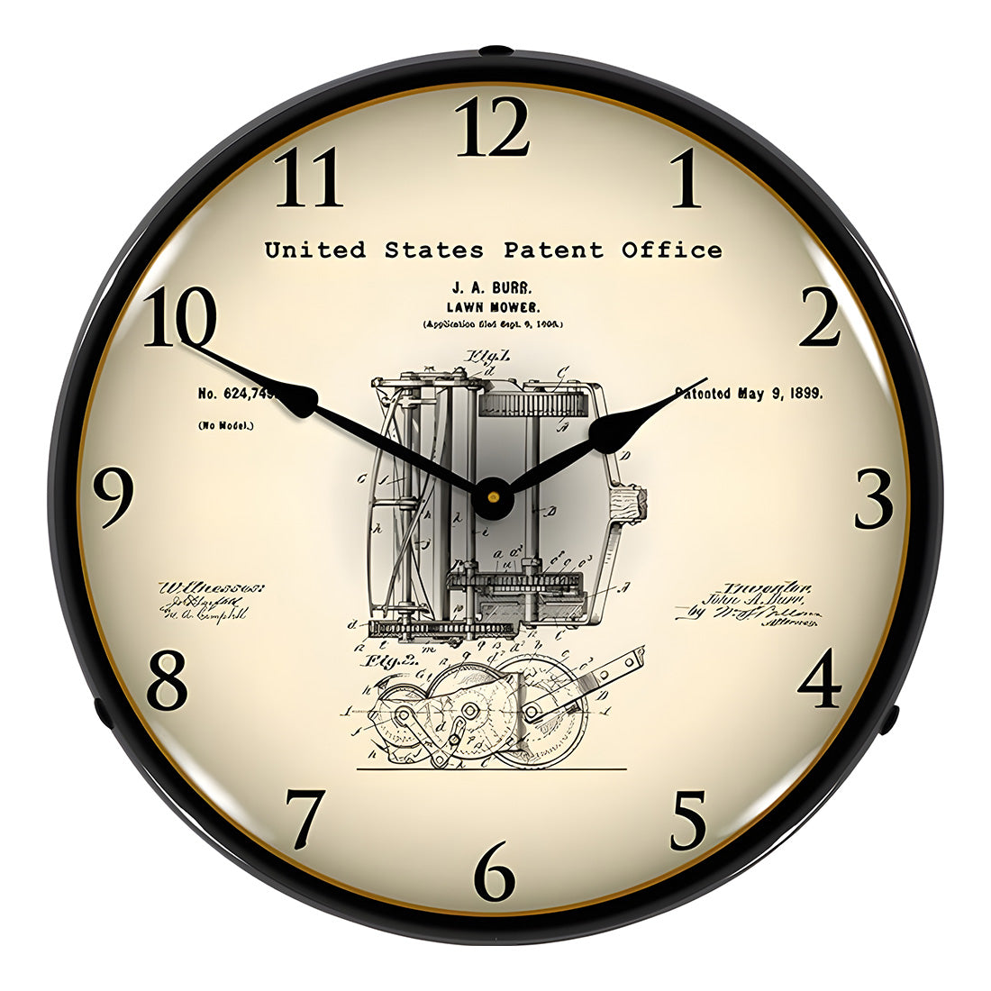 Collectable Sign and Clock 1898 J.A. Burr Lawn Mower Patent Blueprint Backlit Wall Clock